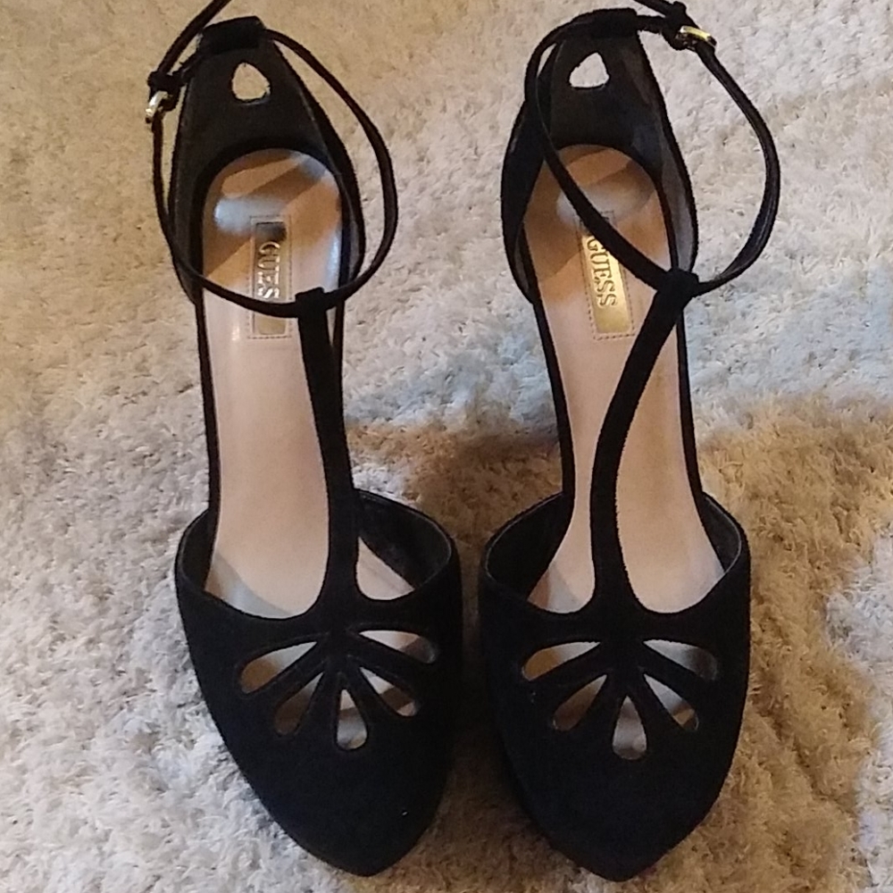 Guess black suede 5 inch heel w/ ankle strap
